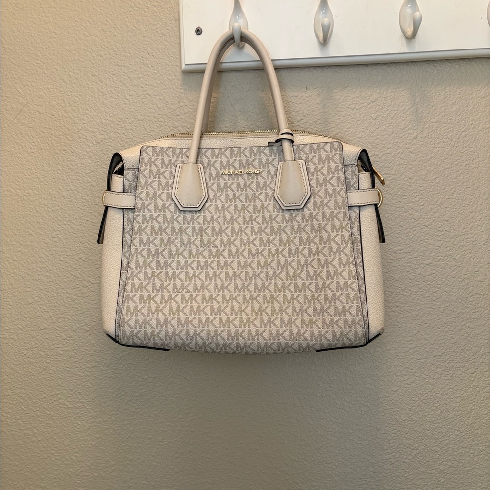 Michael Kors White and Gray Satchel with Leather Trim